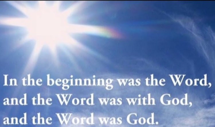 Picture of the Sun in a blue sky with the text, "In the beginning was the Word, and the Word was with God, and the Word was God."