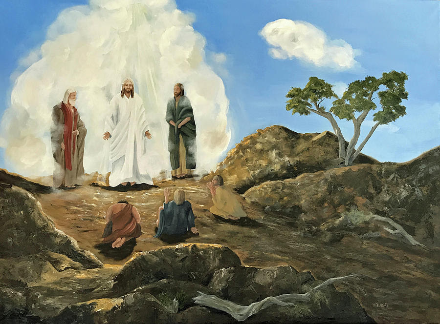 Image of Jesus on the mountain with Moses and Elijah from Mark 9:2-9. Two of the disciples are in the foreground, one is fearful the other in prayerful praise.