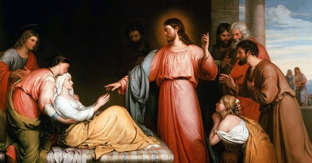 Picture of Jesus healing Simon's Mother-in-law from Mark 1:29-39. Many disciples and onlookers are present in the scene.