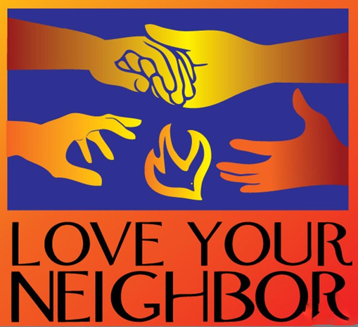 The image is of two red and yellow hands holding each other above two red and yellow hands reaching for each other. Between the bottom two hands is a outline of a yellow dove/ All of this is on a blue background above the text, "LOVE YOUR NEIGHBOR" on a orange background.