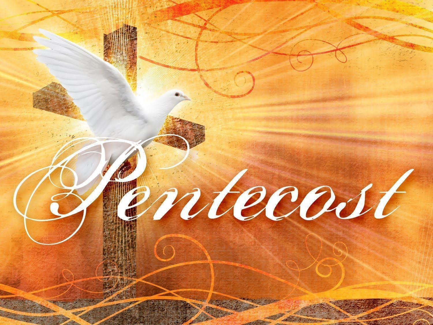 An image of a wooden Cross with swirls of red and orange coming from the image. A picture of a dove flying is in front of the Cross with the text "Paentecost" in the foreground.