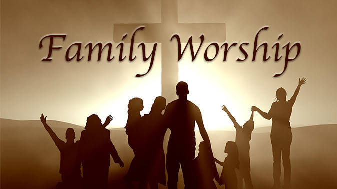 The image is of many different types of families standing before the Cross at sunrise. The text " Family Worship is prominently in the foreground. 