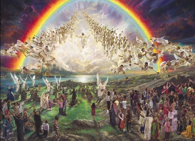 An image by Nathan Greene called "The Blessed Hope." The picture depicts the second coming of Jesus and the angels descending to Earth amongst the human beings in the foreground.