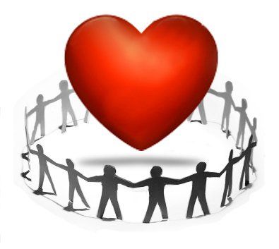 An image of a red heart surrounded by the paper cutouts of people all holding hands.