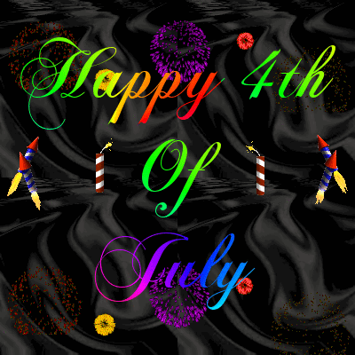 An image of a black background with fireworks going off and the text "Happy 4th of July" in rainbow colors.