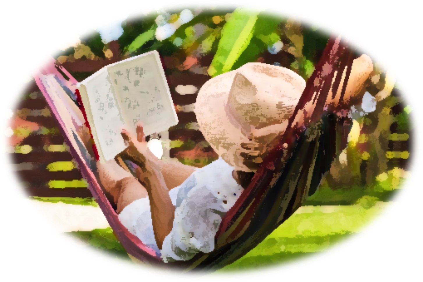 An image of a women resting in a hammock while reading a book.